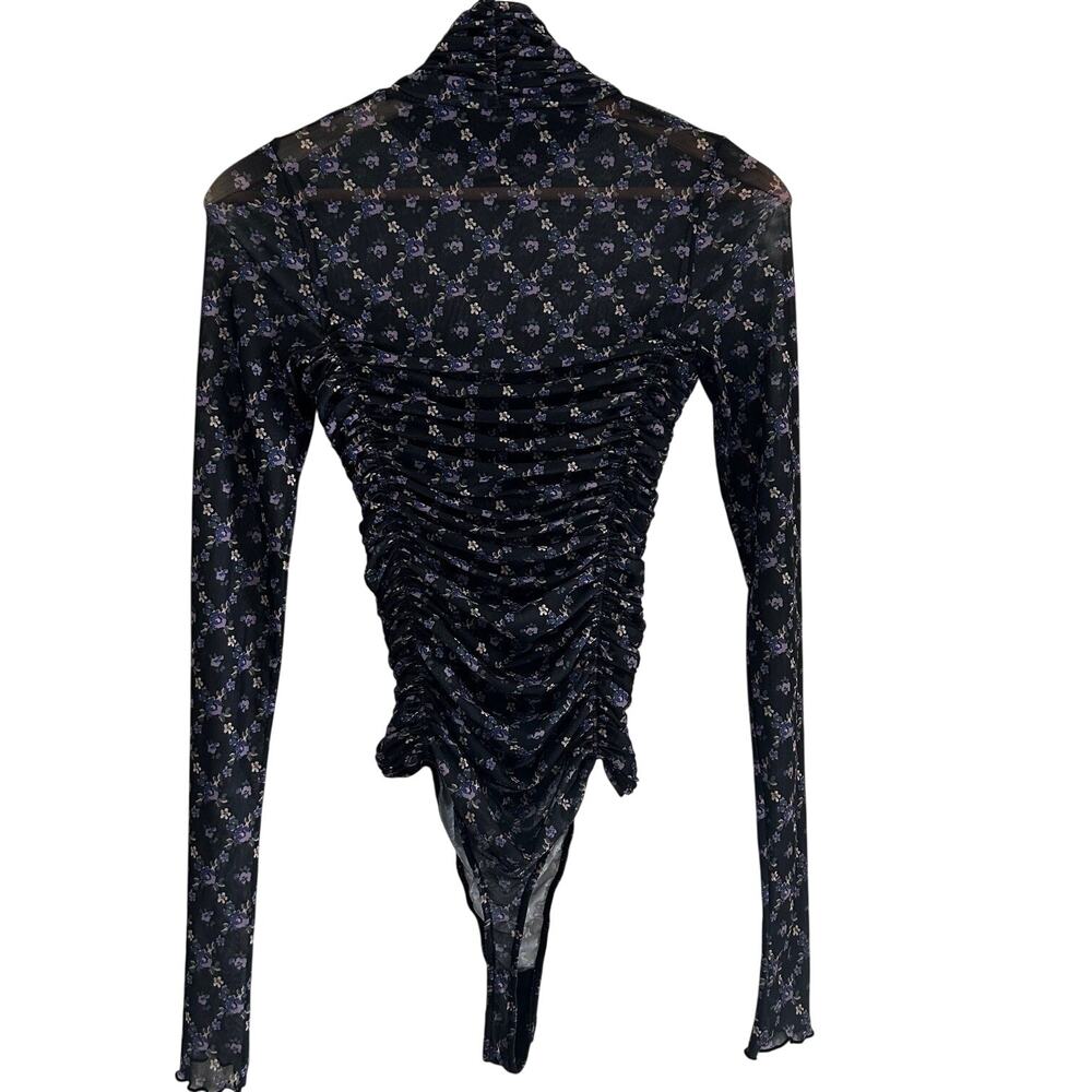 Free People Intimately Bodysuit Floral Mesh Ruched Sheer Mock Neck Y2K Coquette - Picture 7 of 11